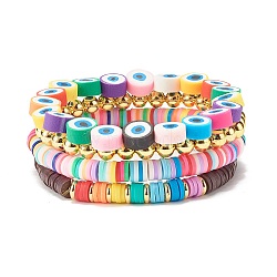 4Pcs 4 Style Polymer Clay Heishi Surfer Stretch Bracelets Set, Flat Round Evil Eye Lucky Stackable Bracelets for Women, Mixed Color, Inner Diameter: 2-1/8 inch(5.5cm), 1pc/style(BJEW-SZ0002-25)