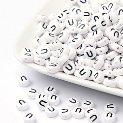 Acrylic Beads, with Horizontal Hole, Letter, Flat Round, Letter.U, 7x4mm, Hole: 1mm, about 3500pcs/500g(PL37C9070-U)