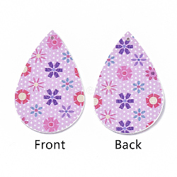 PU Leather Big Pendants, Easter Theme, teardrop, with Flower Pattern, Pearl Pink, 55x35x2mm, Hole: 2mm(X-FIND-T058-A20)