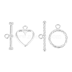 2 Sets 2 Styles Ring & Heart Sterling Silver Toggle Clasps, with 925 Stamp, Silver, 14~16x12x1~1.5mm, Hole: 1.5mm, 1 Set/style(STER-DC0001-10)