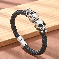 Braided Microfiber Leather Cord Bracelets, 304 Stainless Steel Bracelets for Women Men, Skull, Black, 8-5/8 inch(22cm)(BJEW-Q010-09A)