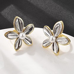 Flower Brass Finger Rings for Women, with ABS Plastic Imitation Pearl, Long-Lasting Plated, Lead Free & Cadmium Free, Real Gold Plated & Real Platinum Plated, Inner Diameter: 17mm(RJEW-S622-01GP)