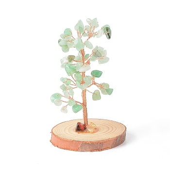 Natural Green Aventurine Chips with Brass Wrapped Wire Money Tree on Wood Base Display Decorations, for Home Office Decor Good Luck, 51.5~75x115mm