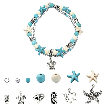 DIY Ocean Theme Jewelry Making Finding Kit, Including Synthetic Mixed Stone & Glass Seed & Alloy Column Beads, 304 Stainless Steel Jump Ring, Alloy Pendants, Dolphin & Turtle & Heart & Starfish, Mixed Color, 279Pcs/set