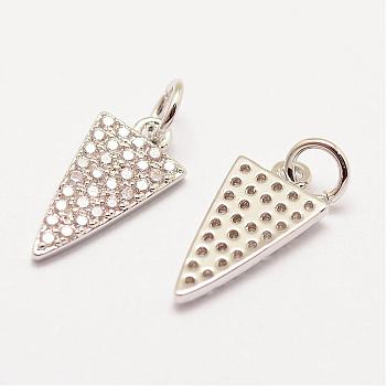 Brass Micro Pave Grade AAA Cubic Zirconia Charms, Long-Lasting Plated, Triangle, Cadmium Free & Nickel Free & Lead Free, Real Platinum Plated, 15x8x1.5mm, Hole: 3mm