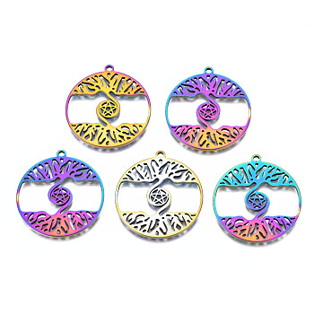 Ion Plating(IP) 201 Stainless Steel Pendants, Flat Round with Star & Tree, Rainbow Color, 32x30x2mm, Hole: 1.8mm