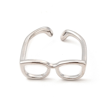 Brass Glasses Frame Open Cuff Ring for Women, Platinum, Inner Diameter: 17mm