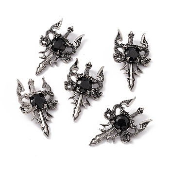 Natural Obsidian Pendants, Sword Charms, with Rack Plating Antique Silver Tone Alloy Findings, Cadmium Free & Lead Free, Faceted, 48x29x6.5mm, Hole: 6x3.5mm
