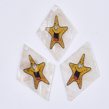 Printed Capiz Shell Pendants, Single-Sided Printed, Rhombus with Starfish/Sea Stars, Colorful, 48~49.5x29.5~30.5x1mm, Hole: 1.6mm