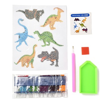 DIY Dinosaur Diamond Painting Stickers Kits For Kids, with Diamond Painting Stickers, Rhinestones, Diamond Sticky Pen, Tray Plate and Glue Clay, Mixed Color, 18.3x15x0.03cm