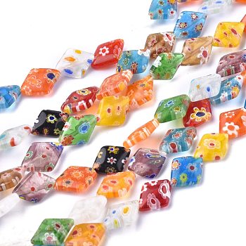 Rhombus Handmade Millefiori Glass Beads, Mixed Color, 13~14x10x3.5mm, Hole: 0.5mm, about 27pcs/strand, 13.3 inch
