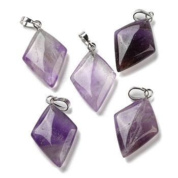 Natural Amethyst Pendants, with Platinum Tone Brass Findings, Rhombus Charm, 28~29x17~18x5.5~6mm, Hole: 4x7mm