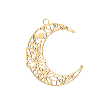 Hollow 304 Stainless Steel Pendants, Moon with Flower Charm, Long-Lasting Plated, Ion Plating(IP), Real 18K Gold Plated, 34x30mm