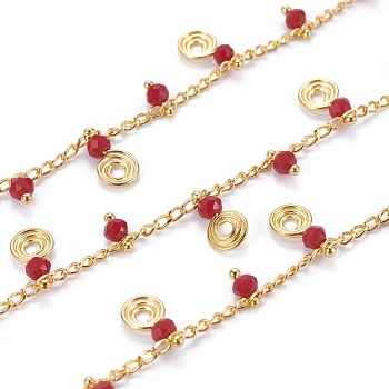 3.28 Feet Handmade Brass Curb Chains, with Glass Beads & Charms, Soldered, Real 18K Gold Plated, Long-Lasting Plated, Faceted Rondelle & Vortex, FireBrick, 1.5mm