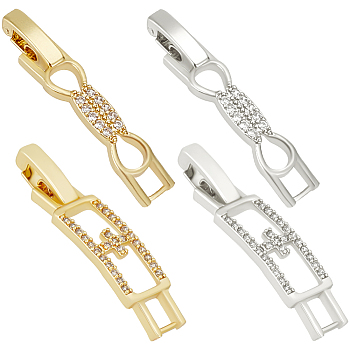 Beebeecraft 8Pcs 4 Styles Rack Plating Brass Clear Cubic Zirconia Watch Band Clasps, Cadmium Free & Lead Free, Long-Lasting Plated, Mixed Shapes, Platinum & Real 18K Gold Plated, 33x5.5~7x4mm, Hole: 3~4x3mm, 2pcs/style