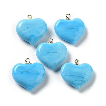 Handmade Lampwork Pendants, with Rack Plating Golden Tone Brass Findings, Long-Lasting Plated, Heart Charm, Deep Sky Blue, 18.5x17x6.5mm, Hole: 1.4mm