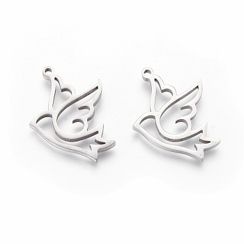 201 Stainless Steel Pendants, Manual Polishing, Pigeon, Stainless Steel Color, 22x15x1.5mm, Hole: 1.2mm