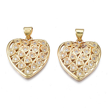 Brass Micro Pave Clear Cubic Zirconia Pendants, Nickel Free, Heart, Real 18K Gold Plated, 21x20x4mm, Hole: 3x5mm