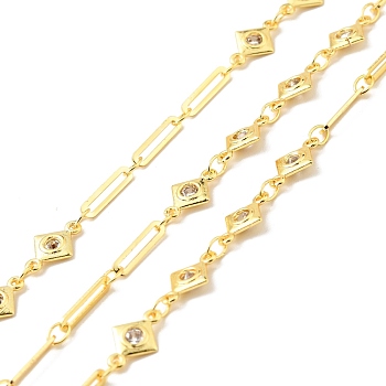 Rack Plating Brass Rhombus & Oval Link Chains, with Clear Cubic Zirconia, Long-Lasting Plated, Soldered, with Spool, Cadmium Free & Lead Free, Golden, 10.5x6.5x1.5mm, 10x2x0.5mm