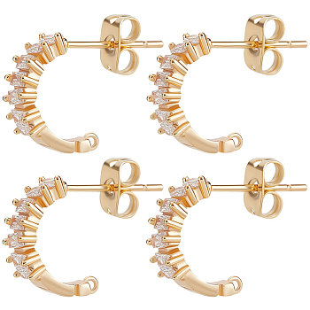 10Pcs Brass Clear Cubic Zirconia C-shape Stud Earring Findings, Half Hoop Earring Findings, with Vertical Loops and 10Pcs Ear Nuts, Real 18K Gold Plated, 19x12x4mm, Hole: 1mm, Pin: 0.8mm