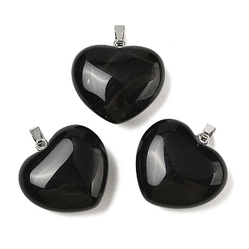 Natural Black Agate(Dyed & Heated) Pendants, Heart Charms with Stainless Steel Snap on Bails, Staniless Steel Color, 27~28x28~28.5x10~12mm, Hole: 6.5x2.5mm