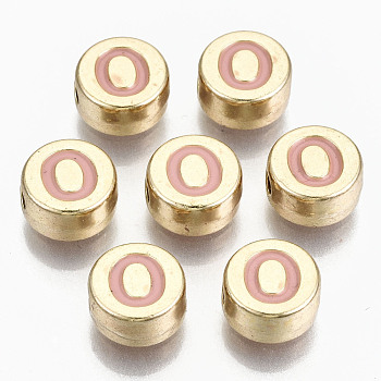 Alloy Enamel Beads, Cadmium Free & Lead Free, Flat Round with Initial Letters, Light Gold, Pink, Letter.O, 8x4mm, Hole: 1.5mm