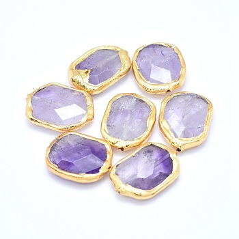 Natural Amethyst Beads, Edge Golden Plated, Faceted, Oval, 23~28x17~20x5~7mm, Hole: 0.8~1mm