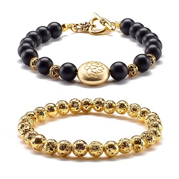 Natural Lava Rock & Synthetic Black Stone Round Beads Energy Stretch Bracelets Set, Lotus Flat Round Alloy Beads Bracelets, Heart Clasps Bracelets, Antique Golden, 7-7/8 inch(20cm), 2 inch(5.2cm), 2pcs/set