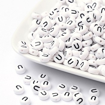 Acrylic Beads, with Horizontal Hole, Letter, Flat Round, Letter.U, 7x4mm, Hole: 1mm, about 3500pcs/500g