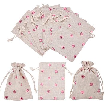 Printing Burlap Packing Pouches, Drawstring Bags, Pink, 10x14cm