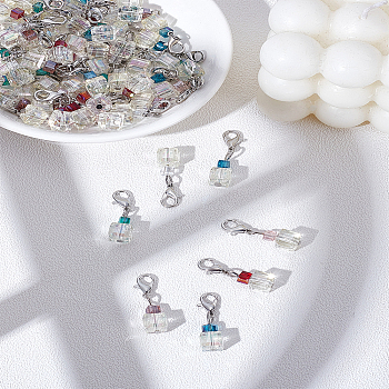 60Pcs 6 Colors Cube Glass Pendant Decoration, with Alloy Lobster Claw Clasps, Mixed Color, 28mm, 10pcs/color