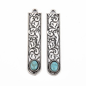 Tibetan Style Alloy Big Pendants, with Synthetic Turquoise, Cadmium Free & Lead Free, Rectangle, Antique Silver, 57.5x11.5x4.5mm, Hole: 2.3mm