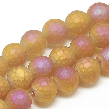 Electroplate Glass Beads Strands, Frosted Style, Faceted(96 Facets) Round, Dark Orange, 10x9mm, Hole: 1.5mm, about 70pcs/strand, 25.2 inch