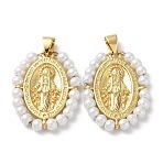 Rack Plating Brass Pendants, with Plastic Imitation Pearls, Cadmium Free & Lead Free, Oval with Saint Charm, Real 18K Gold Plated, 26x19~20x3.5mm, Hole: 3x4mm(KK-M254-05G)