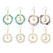 4 Pair 4 Style Natural & Synthetic Mixed Stone Chips Dangle Earrings, Brass Star & Moon Drop Earrings for Women, 53~56x32.5~34mm, 1 Pair/style(EJEW-TA00268)