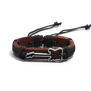 Alloy Guitar Link Bracelet, Cowhide Leather Braided Cord Bracelet for Men Women, Black, 6-3/4~7-1/8 inch(17~18cm)(MUSI-PW0001-29B)