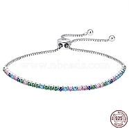Colorful Cubic Zirconia Tennis Bracelet, Adjustable Rhodium Plated 925 Sterling Silver Slider Bracelets, with 925 Stamp, Platinum, 6-1/4~9-1/8 inch(16~23cm)(BJEW-I314-003P)