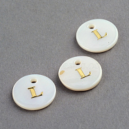 Freshwater Shell Pendants, Flat Round with Gold Blocking Letter.L, 11.5x2mm, Hole: 1.5mm(X-SSHEL-S249-L)
