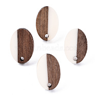 Opaque Resin & Walnut Wood Stud Earring Findings, with 304 Stainless Steel Pin, Oval, Creamy White, 15x10mm, Hole: 1.8mm, Pin: 0.7mm(MAK-N032-004A-B03)