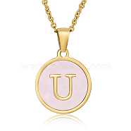Natural Shell Initial Letter Pendant Necklace, with Golden Stainless Steel Cable Chains, Letter U, 17.72 inch(45cm)(LE4192-21)
