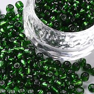 6/0 Glass Seed Beads, Silver Lined Round Hole, Round, Green, 4mm, Hole: 1.5mm, about 6639 pcs/pound(SEED-A005-4mm-27B)