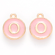 Golden Plated Alloy Enamel Charms, Cadmium Free & Lead Free, Enamelled Sequins, Flat Round with Letter, Pink, Letter.O, 14x12x2mm, Hole: 1.5mm(X-ENAM-S118-07O)