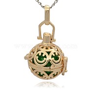 Golden Tone Brass Hollow Round Cage Pendants, with No Hole Spray Painted Brass Round Ball Beads, Green, 35x25x21mm, Hole: 3x8mm(KK-J216-13G)