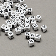 Large Hole Acrylic Letter European Beads, Horizontal Hole, White & Black, Cube with Letter.N, 7~8x7~8x7~8mm, Hole: 4mm, about 1144pcs/500g(SACR-Q103-7mm-01N)