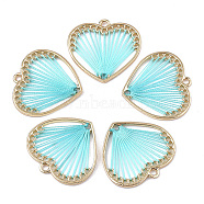 Alloy Pendants, with Polyester Thread, Heart, Golden, Dark Turquoise, 27x28x2mm, Hole: 2mm(PALLOY-T063-01G-06)