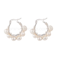 Natural Pearl Wire Wrapped Beaded Hoop Earrings for Women, Silver, White, 28x30x8mm, Pin: 0.8mm(EJEW-JE04758-01)