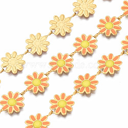 304 Stainless Steel & Enamel Link Chains, with Spool, Unwelded, Real 16K Gold Plated, Nickel Free, Flower, Orange, 13.5x10x1mm, about 16.4 Feet(5m)/roll(CHS-Q004-001D-NF)