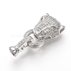 Brass Micro Pave Cubic Zirconia Fold Over Clasps, Cheetah Head, Platinum, 31mm, Hole: 2mm(ZIRC-S058-02P)