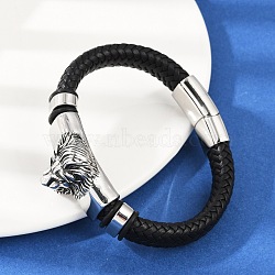 Braided Microfiber Leather Cord Bracelets, 304 Stainless Steel Lion Bracelets for Women Men, with Magnetic Buckle, Black, 8-1/4x1/2 inch(21x1.15~2.75cm)(BJEW-D304-19AS-01)