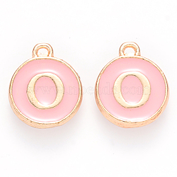 Golden Plated Alloy Enamel Charms, Cadmium Free & Lead Free, Enamelled Sequins, Flat Round with Letter, Pink, Letter.O, 14x12x2mm, Hole: 1.5mm(X-ENAM-S118-07O)